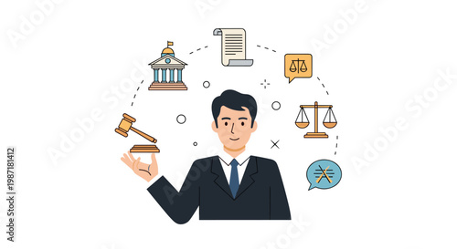 Professional legal consultant manages diverse judicial icons including a golden gavel and courthouse within a clean minimalist studio lighting environment.