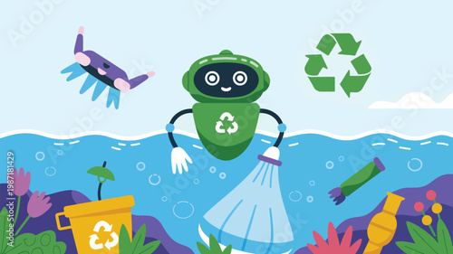 Green robot cleaning ocean plastic waste with a net, recycling symbol, flat pollution
