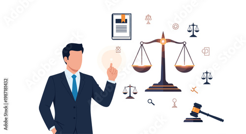 Confident corporate executive interacts with a floating scale of justice icon set against a pristine white background with soft professional lighting.