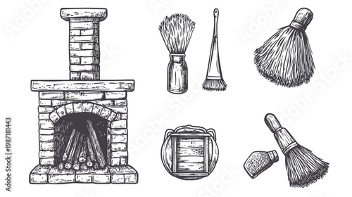 Hand-drawn monochrome illustration of a brick fireplace with fire and grooming/cleaning tools