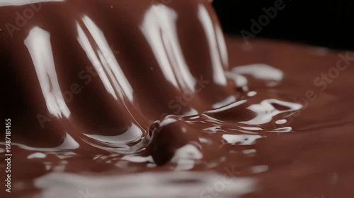 Macro Slow Motion of Molten Milk Chocolate Rippling and Pouring in Factory Production