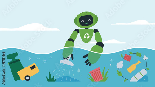 Green robot with recycling symbol cleaning the ocean floor with a vacuum, surrounded by floating trash