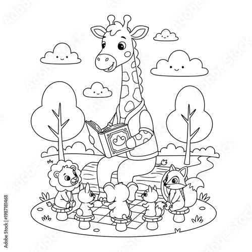 Giraffe reading a storybook to cute animal friends in a park scene fun coloring page