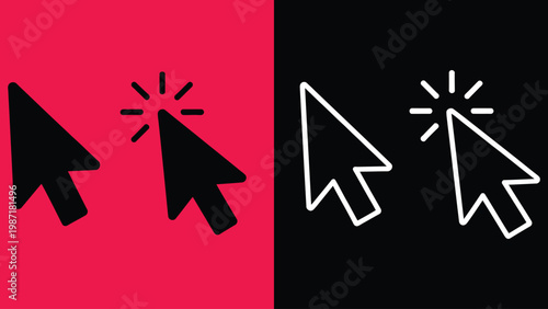 Mouse Cursor Click Icons Set in Black and White on Red and Dark Background