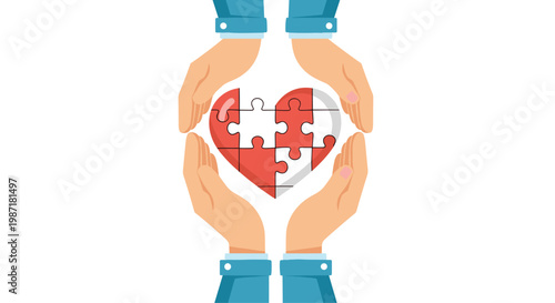 Caring hands cradle a red heart formed from interlocking puzzle pieces against a pristine white background under soft and even studio light quality.
