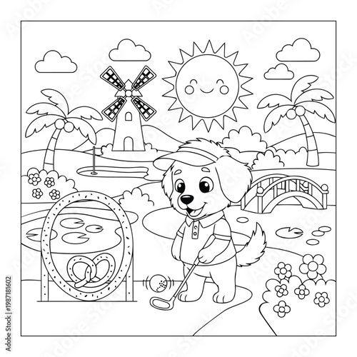 Mini golf puppy playing on sunny course with windmill and bridge scene coloring page