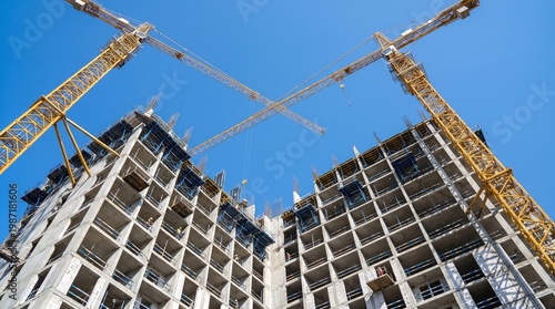 Low angle view of a large concrete building under construction with two yellow tower cranes against a clear blue sky, industrial architecture development and urban growth in a modern city.