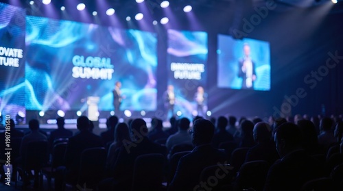 Silhouette of a large audience watching speakers on stage at a Global Summit business conference, professional corporate event with high-tech screens and dramatic blue stage lighting for innovation.