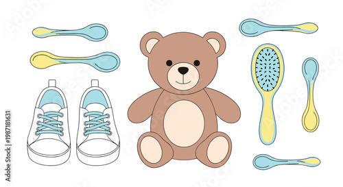Delightful assortment of toddler feeding and grooming tools featuring a central plush bear surrounded by small shoes and spoons on a white surface.