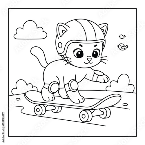 Skateboard cute kitten riding safely with helmet and pads fun outdoor kids coloring page