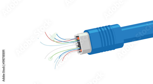 A thick vibrant blue fiber optic cable connector with multiple thin multicolored internal strands protruding from the end in a wide fan shape design.