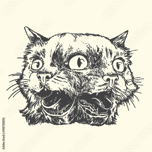 Surreal drawing of a two-headed cat with wide eyes double head line art hand drawn black and white creature frightening mysterious mythical imaginary illustration monochrome minimalist