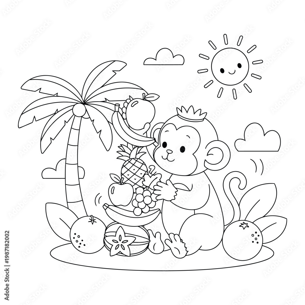 Fototapeta premium Monkey cute cartoon enjoying tropical fruits under palm tree in sunny beach coloring page