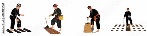Set of Illustrations Depicting Indonesian Men in Traditional Javanese Attire Engaged in Various Stages of Farming and Planting Activities on White Background