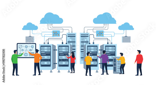 Collaborative team works on complex server racks and digital diagrams to optimize cloud computing and network management within a professional setting.