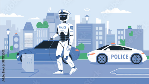 White humanoid police robot walking on a city street with a patrol car and buildings in the background