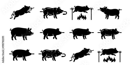 Roasted pig silhouette icons, 12 whole hog spit roast vector elements, black pork barbecue symbols on white background for restaurant menus