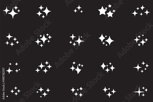 Sparkle star vector icons set. Star icons vector set. Shine or sparkle vector set of ten various stars in yellow color on white background. Vector illustration.