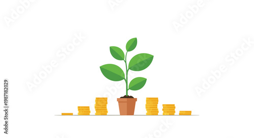 Small green plant grows steadily from a terracotta pot surrounded by rising stacks of gold coins on a minimalist and clean white background surface.