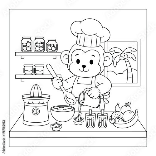 Monkey cute cartoon chef making fresh juice in kitchen coloring page