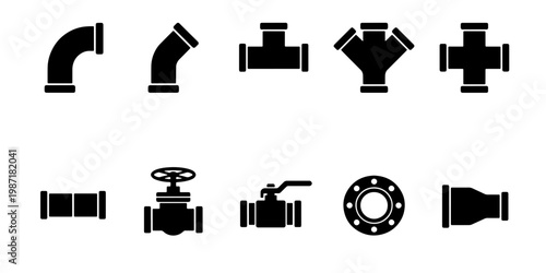 Industrial plumbing pipe icons set, 10 black vector silhouettes of pipeline fittings and valves, professional water system engineering symbols