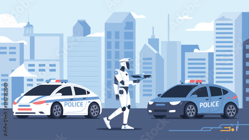 White humanoid robot police officer patrolling between two police cars in a blue city skyline view