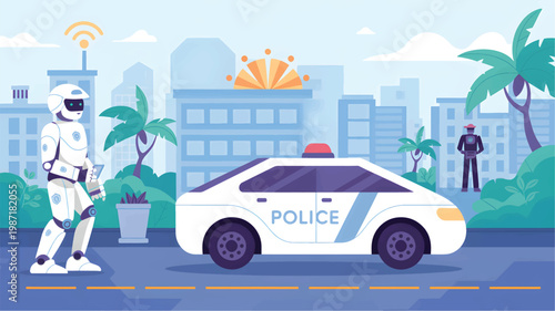 White robot police officer walking past a parked patrol car in a stylized urban city street scene