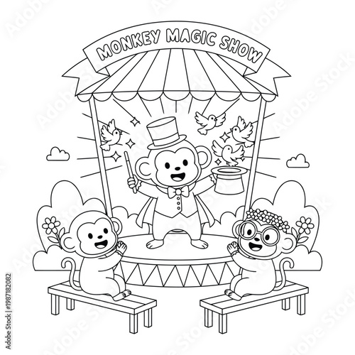 Monkey coloring page showing magic show stage scene with cute cartoon characters for kids