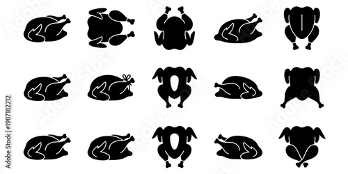 Roasted chicken silhouette icons, 15 black poultry vector elements, whole turkey and grilled hen symbols for restaurant menus and food packaging