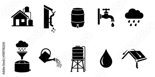 Rainwater harvesting icon set, sustainable water collection system symbols, 10 black vector icons for eco-friendly irrigation and storage