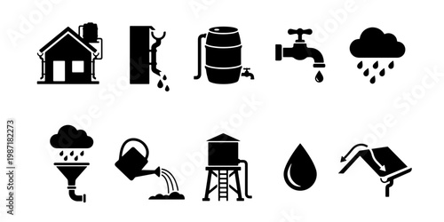 Rainwater harvesting icon set, sustainable water collection system symbols, 10 black vector elements for eco-friendly irrigation and conservation