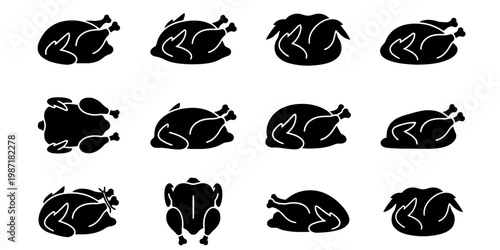 Roasted chicken silhouette icons set, 12 vector elements of cooked turkey and poultry, black flat meat symbols for restaurant menus and food packaging