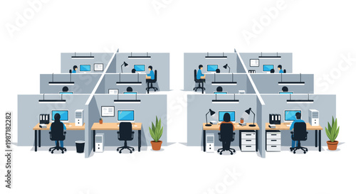 Busy corporate office floor plan displays multiple individual cubicles with employees working at computers separated by grey partitions in soft lighting.