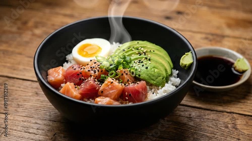 Delicious Poke Bowl with Salmon Avocado and Egg on Wooden Table.