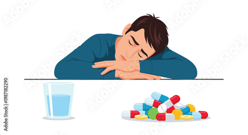 Exhausted young man leans against a wooden table beside a clear water glass and a messy heap of multicolored pharmaceutical capsules in bright lighting.