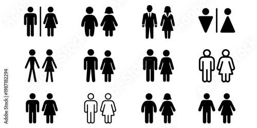 Restroom sign icons set, 12 toilet symbol variations for male and female washrooms, black bathroom door pictograms, gender navigation graphics