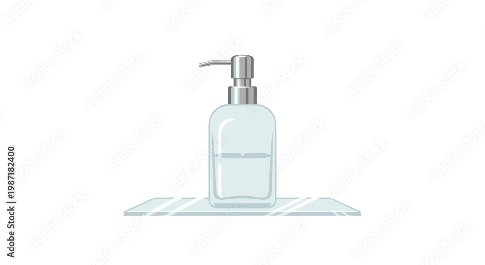 Obraz premium Minimalist glass shelf holds a single clear pump bottle containing liquid soap against a stark white background with soft and gentle light shadows.