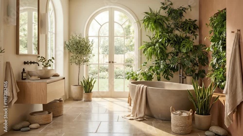 Serene Bathroom Oasis with Abundant Natural Light and Lush Green Plants.
