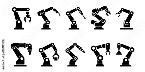 Industrial robotic arm icons set, 10 black vector silhouettes of factory automation machinery, mechanical manipulator arms for manufacturing and engineering
