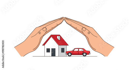 Two hands form a protective roof shape over a small suburban house and a red car to illustrate comprehensive insurance coverage in a bright setting.