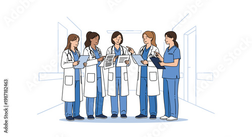 Dedicated medical doctors wearing blue scrubs and white coats review clinical patient records inside a bright hospital hallway with soft natural lighting.
