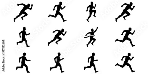 Running man silhouette icons, set of 12 athlete sprinting and jogging vector figures, black male runner poses for sports and fitness design