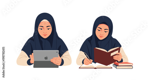 Two focused women wearing dark hijabs engage in digital and traditional learning with a tablet and books on a clean white background with soft lighting.