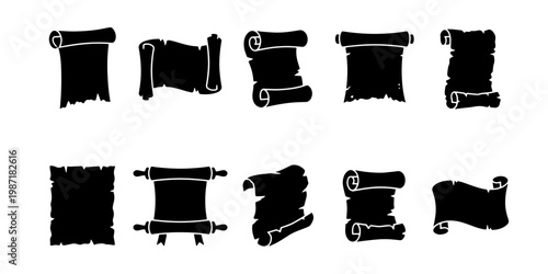 Vintage paper scroll silhouette collection, 10 antique parchment vector icons, black medieval document set for invitations and heraldry