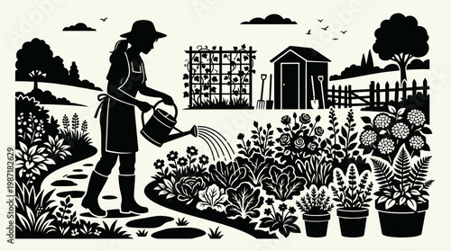 Woman watering flowers in garden.