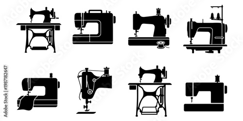 Vintage sewing machine icons set, antique tailor equipment silhouettes, 8 vector elements for dressmaking and fashion design workshops