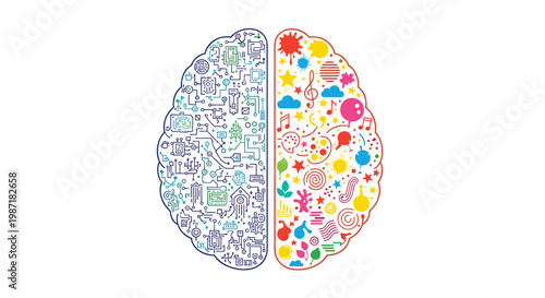 Stylized human brain split into two distinct halves showing logical blue circuit board patterns and creative colorful icons on a clean white background.