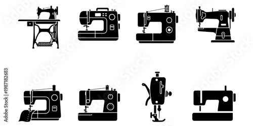 Vintage sewing machine icons set, 8 black silhouette vector elements, antique and modern tailoring equipment for dressmaking and fashion design