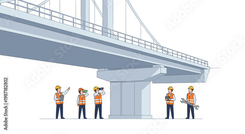 Five construction workers in bright orange safety vests and hard hats inspect the massive concrete underside of a large bridge in a clear outdoor space.