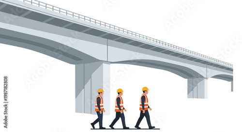 Three construction workers wearing high-visibility orange safety vests and yellow hard hats walk beneath a massive concrete bridge span in daylight.